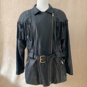 Vintage Margaret Godfrey Black Leather Fringe Biker Jacket